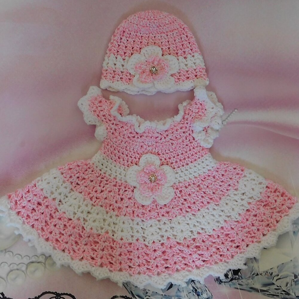 Crochet Baby Dress Handmade, Fits 0-3 Month, Baby Shower Gift, Pink Flower Dress